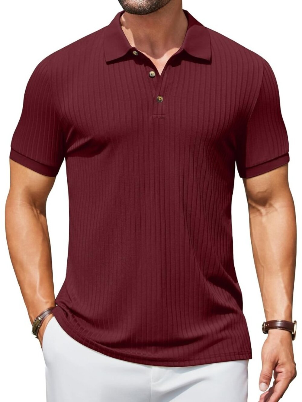 Men's Dark Red Textured Polo Shirts Short Sleeve Slim Fit Button Polo Casual